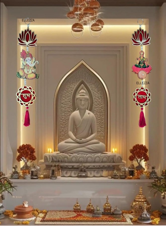 ELLEZZA Shubh Labh Lotus Laxmi Ganesh Wall Hanging, Traditional Door Decoration, 38 cm x 9.9 cm, Red - Image 3